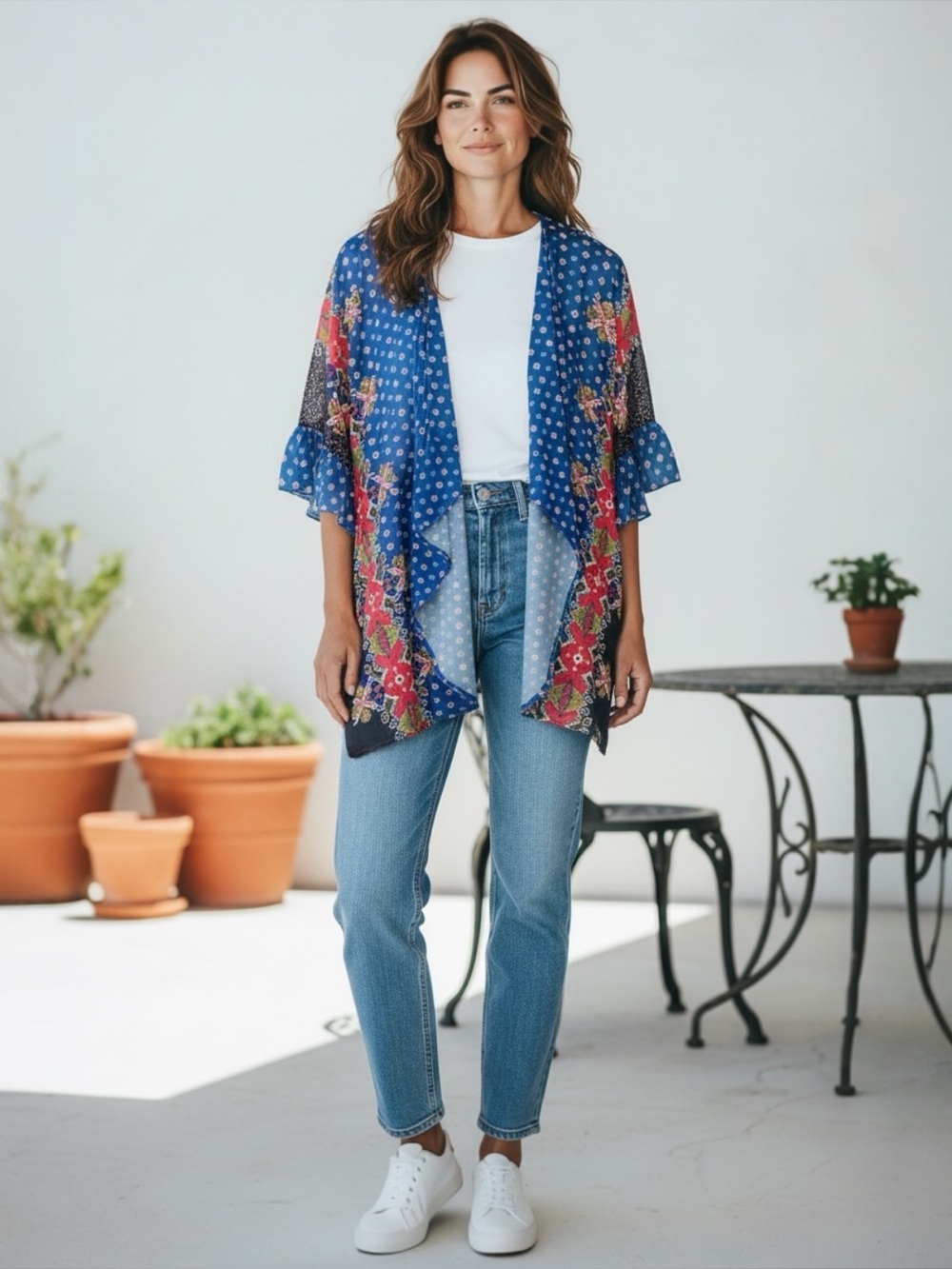 BOUTIQUE BLUE OPEN FRONT DRAPE KIMONO WITH RUFFLED SLEEVE ENDS